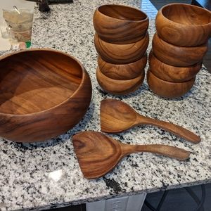 Teak serving bowl, tongs and individual bowls
